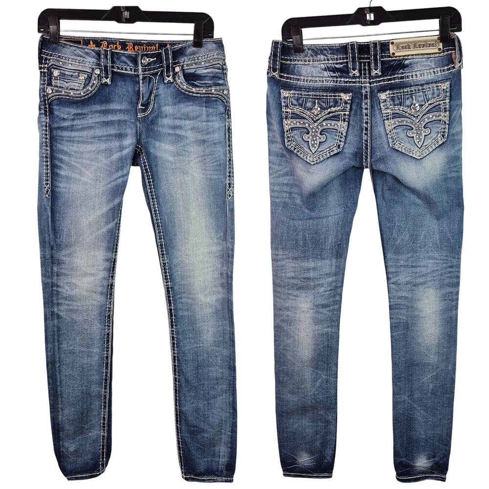 Rock Revival Heavy Stitch Denim Bling Jeans Aliana Skinny Mid Rise 26 x 30